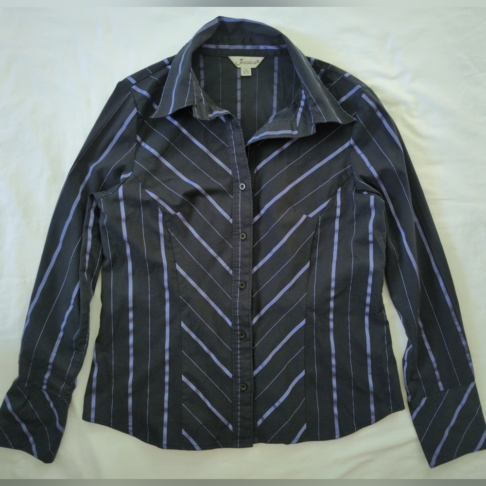 Vintage Medium Jessica Navy Striped Button Down Collar Shirt Long Sleeve Y2K